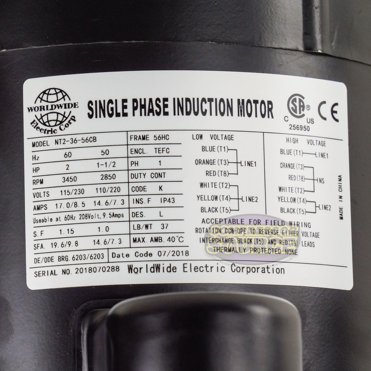 2 HP Single Phase Electric Motor 3450 RPM 56HC Frame 115/230V TEFC C-Face