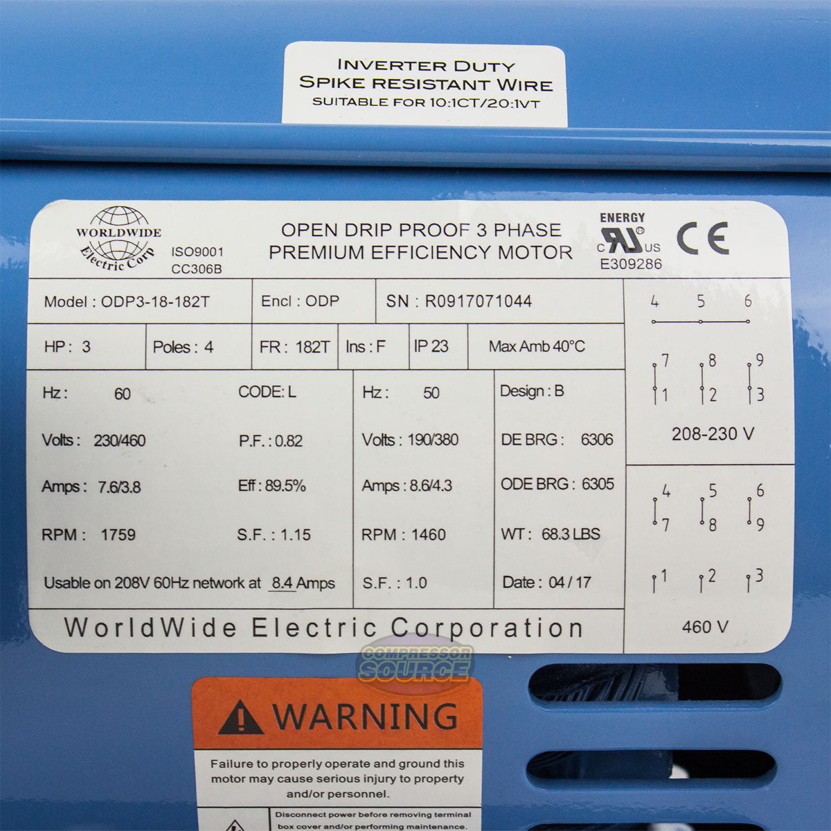 3 HP 3 Phase Electric Motor 1759 RPM 182T Frame 230/460V ODP