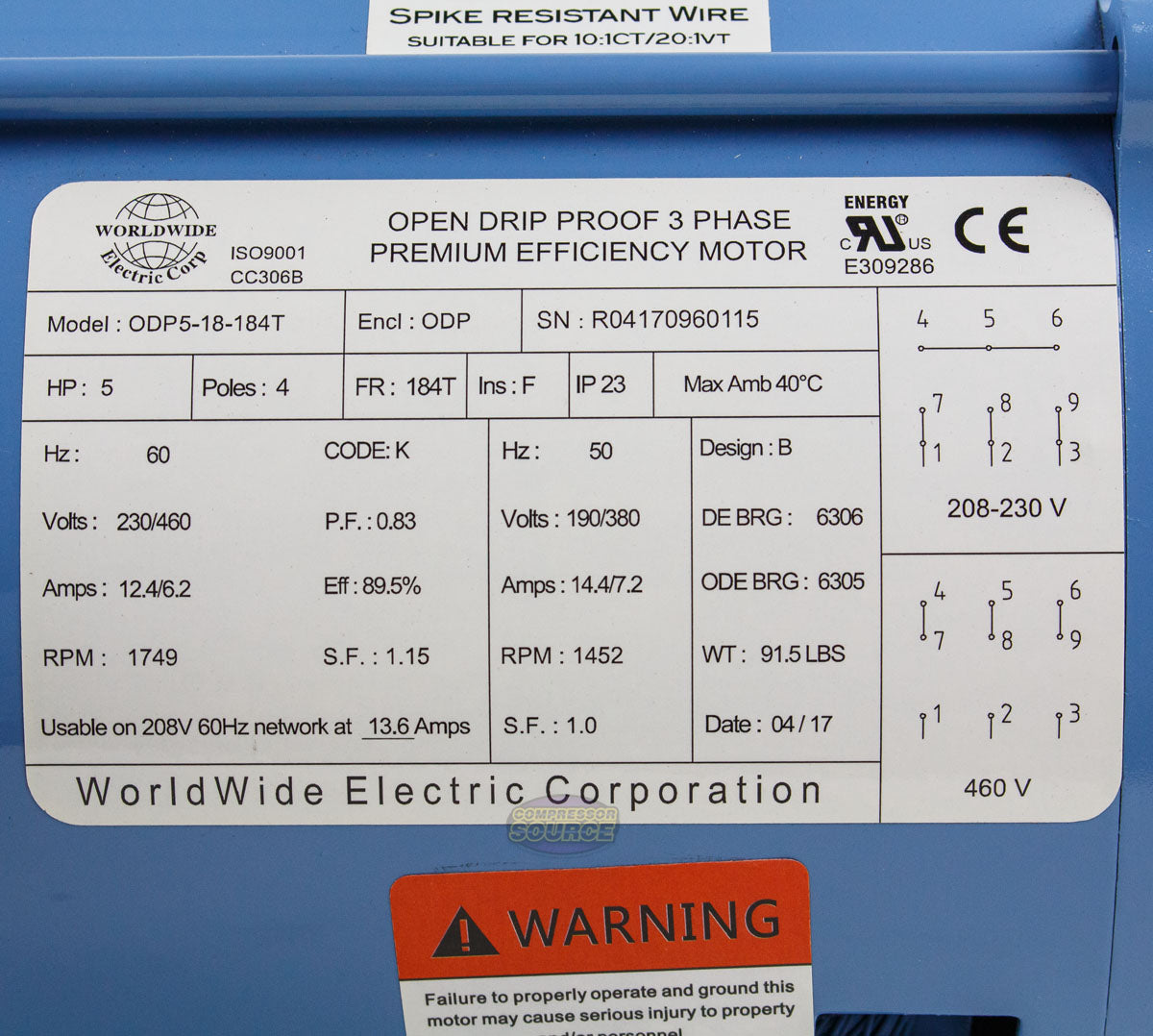 5 HP 3 Phase Electric Motor 1749 RPM 184T Frame 230/460V ODP