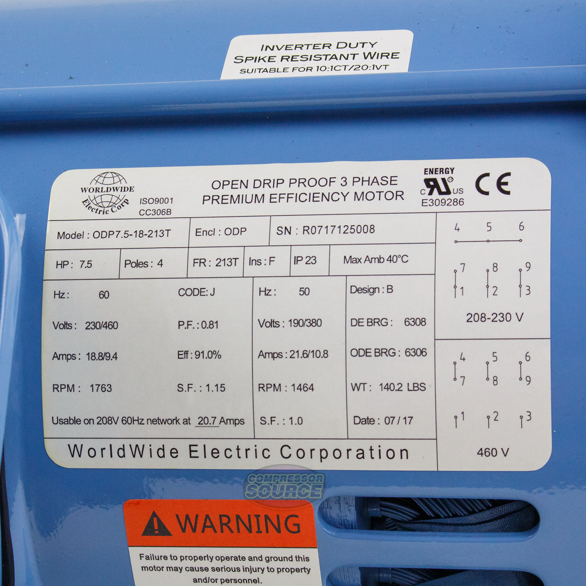 7.5 HP 3 Phase Electric Motor 1763 RPM 213T Frame 230/460V ODP