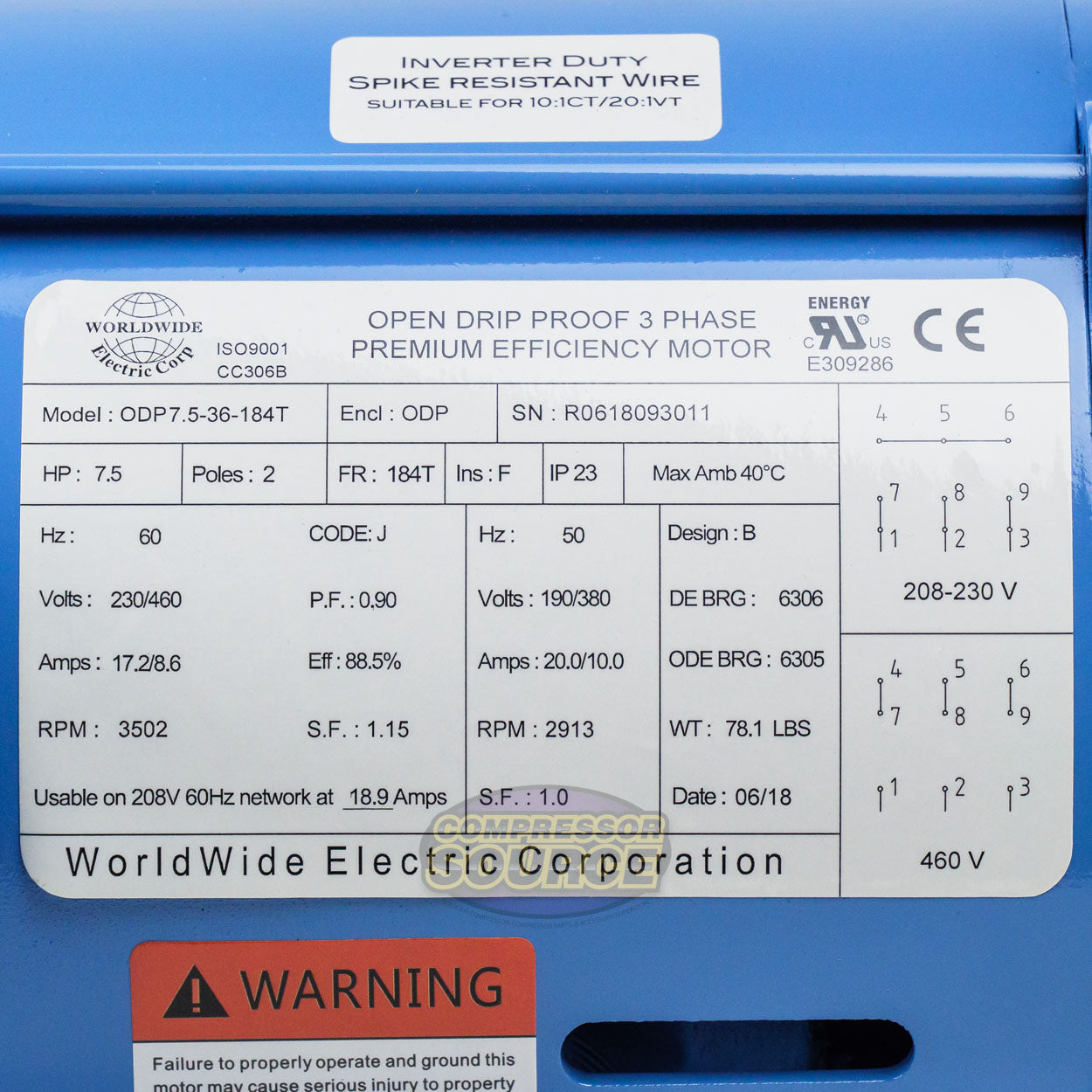 7.5 HP 3 Phase Electric Motor 3502 RPM 184T Frame 230/460V ODP ODP7.5-36-184T