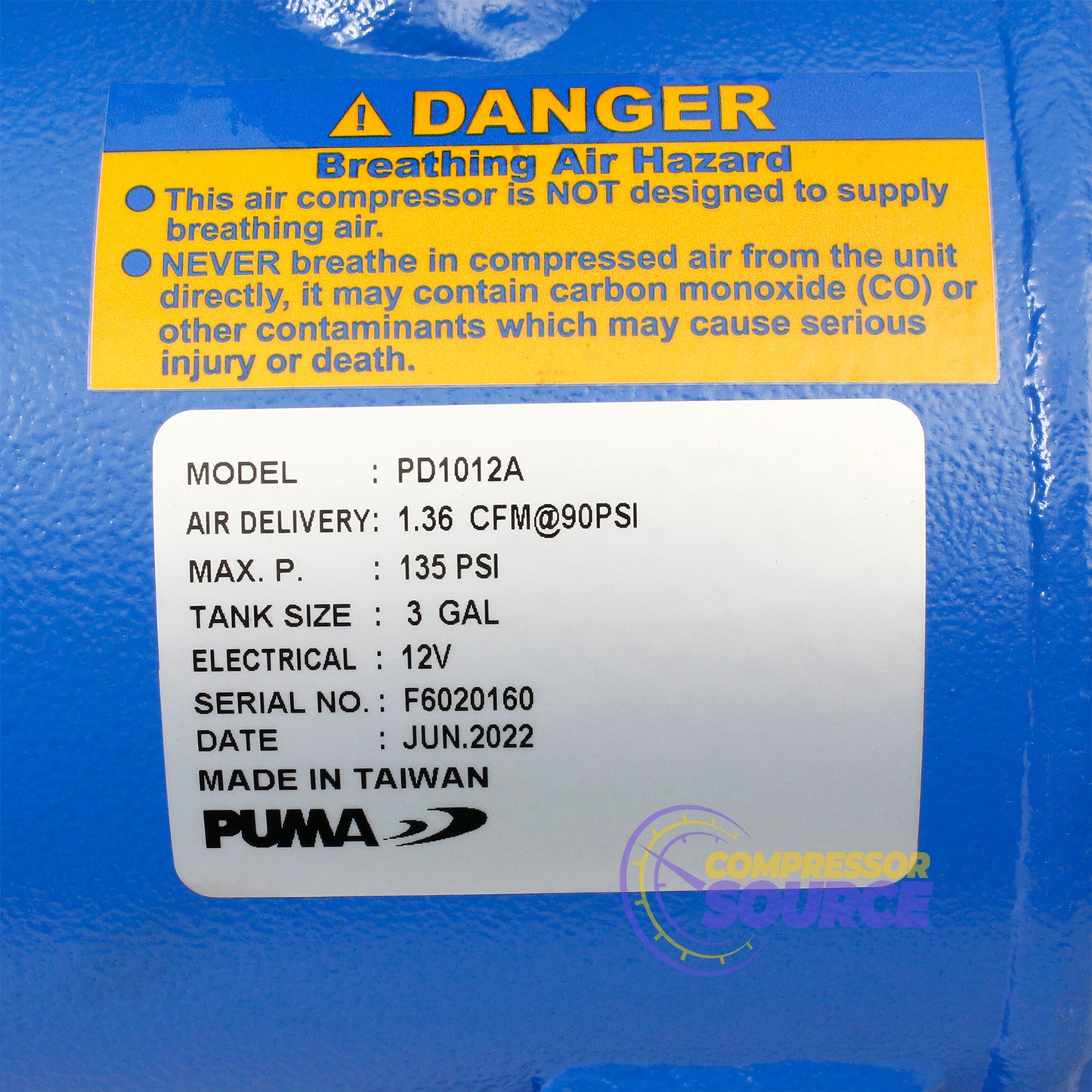Puma 3/4 HP 3 Gallon Tank 12 Volt Continuous Duty DC Air Compressor Oil-Less