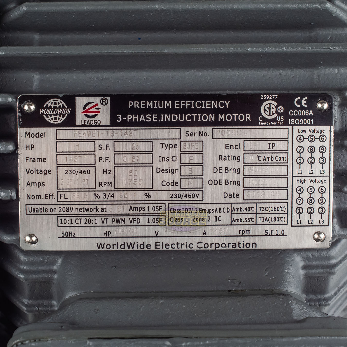 1 HP 3 Phase Electric Motor 1755 RPM 143T Frame 230/460V TEFC PEWWE1-18-143T