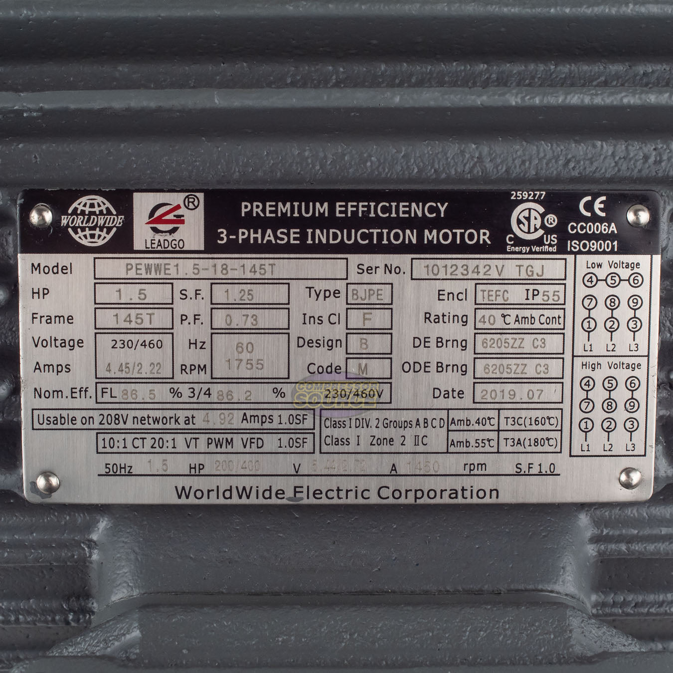 1.5 HP 3 Phase Electric Motor 1755 RPM 145T Frame 230/460V TEFC