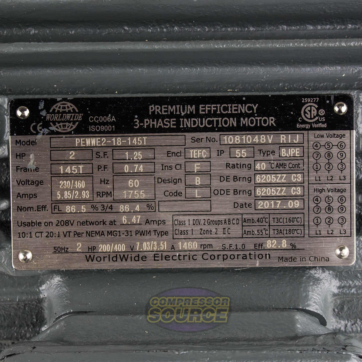 2 HP 3 Phase Electric Motor 1755 RPM 145T Frame 230/460V TEFC PEWWE2-18-145T