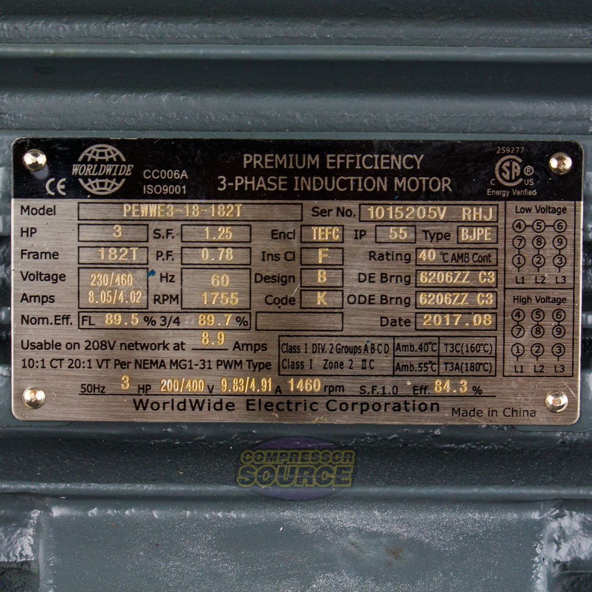 3 HP 3 Phase Electric Motor 1755 RPM 182T Frame 230/460V TEFC