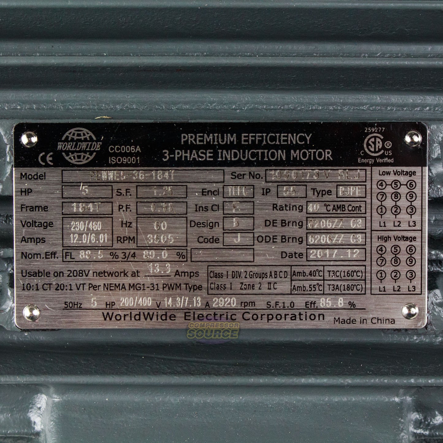 5 HP 3 Phase Electric Motor 3505 RPM 184T Frame 230/460V TEFC