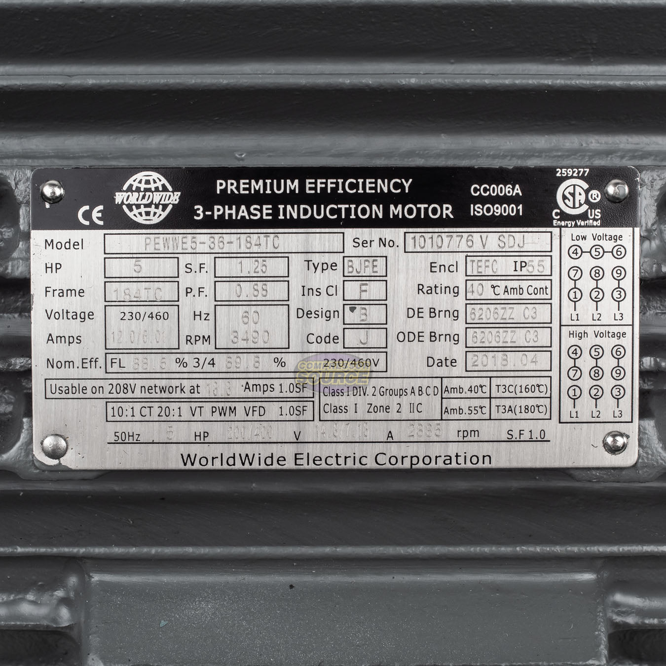 5 HP 3 Phase Electric Motor 3490 RPM 184TC Frame 230/460V TEFC C-Face