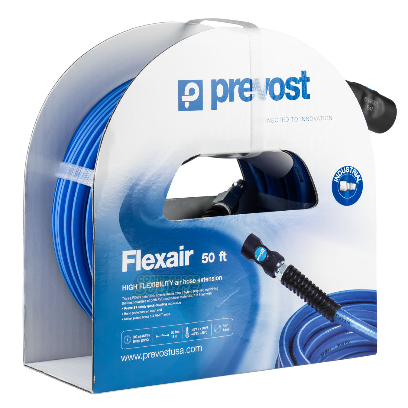 Prevost Flexair 1/4" x 50' Air Hose With Prevo S1 1/4" Body Industrial Coupler RST RISB1450