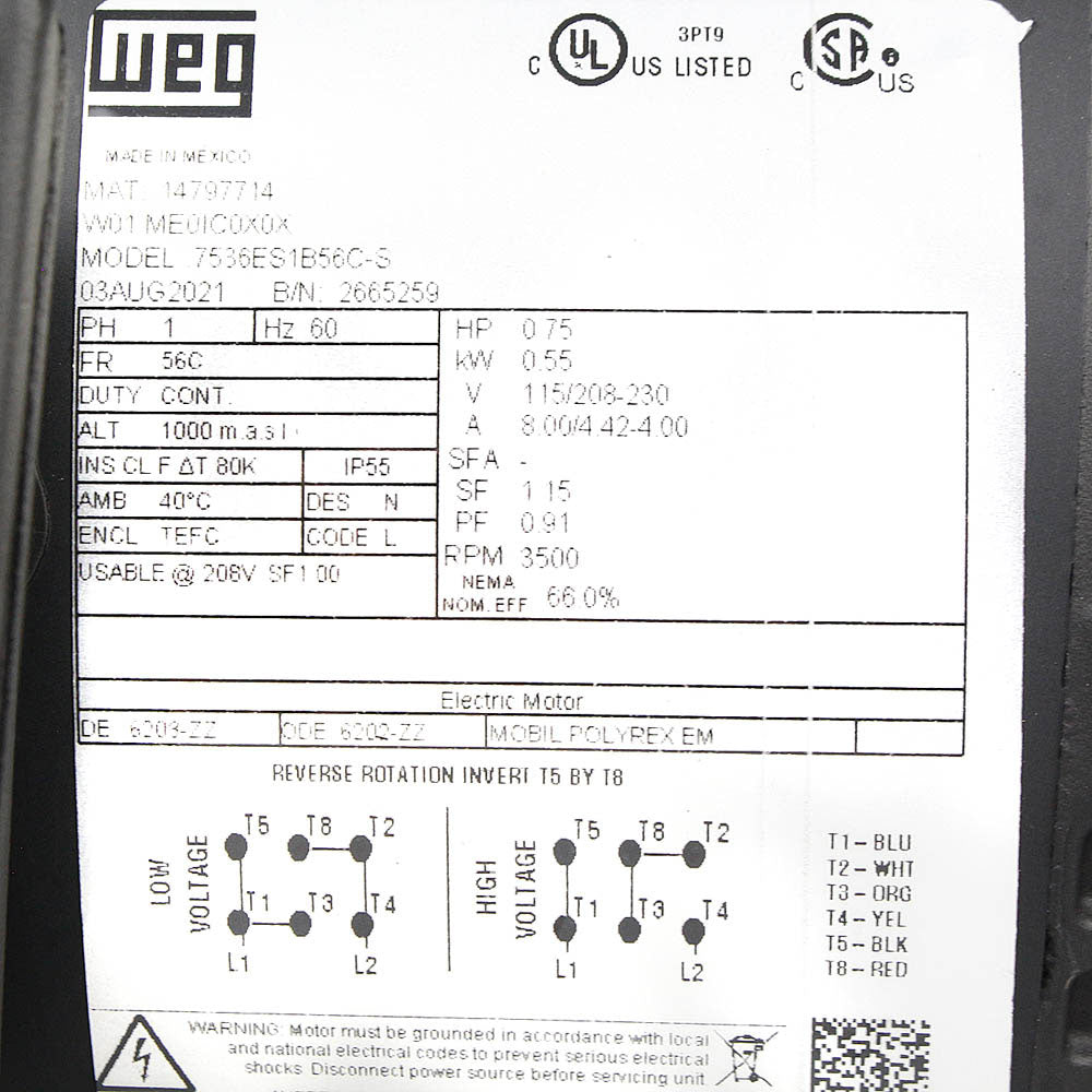3/4 HP Single Phase Electric Motor 3500 RPM 56C Frame 115/208-230V TEFC C-Face WEG