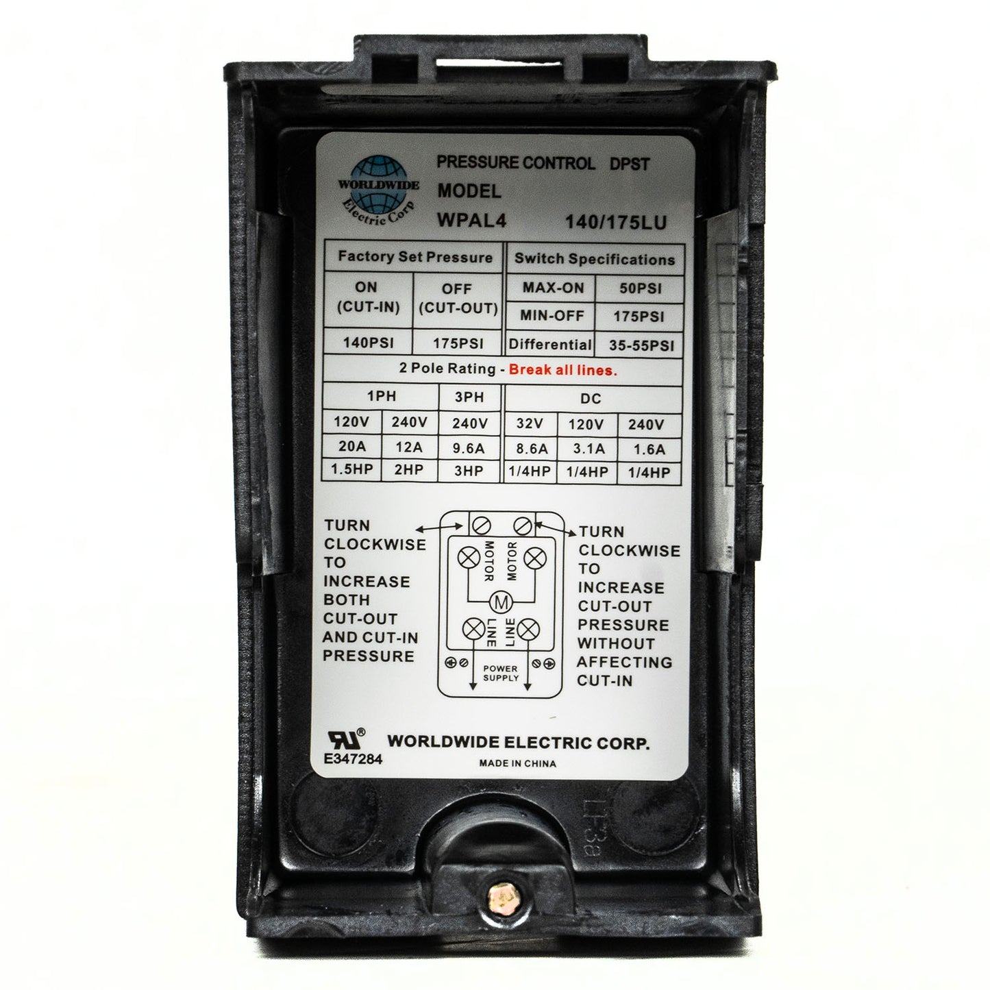 Four Port 140-175 PSI Air Compressor Pressure Switch Control 1/4" NPT 12 Amp