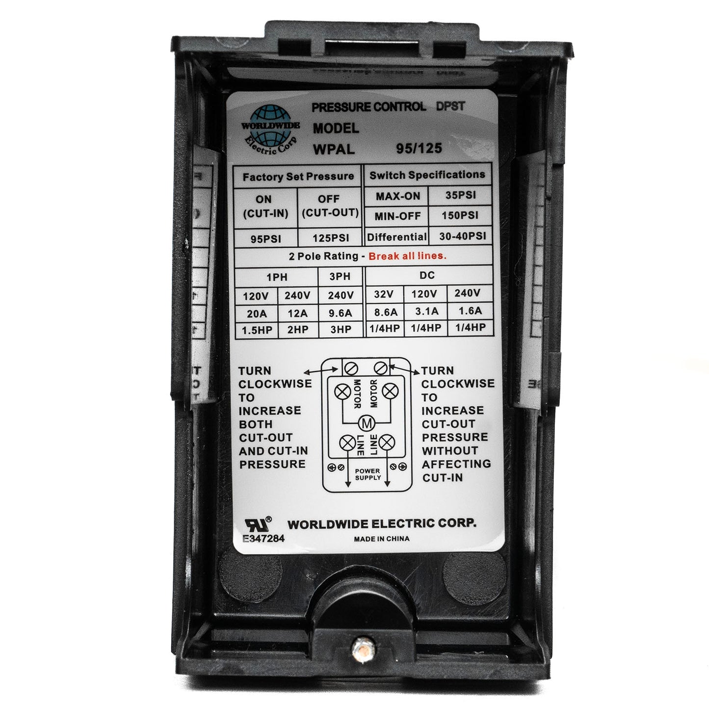 Single Port 95-125 PSI Air Compressor Pressure Switch Control 1/4" NPT 12 Amp