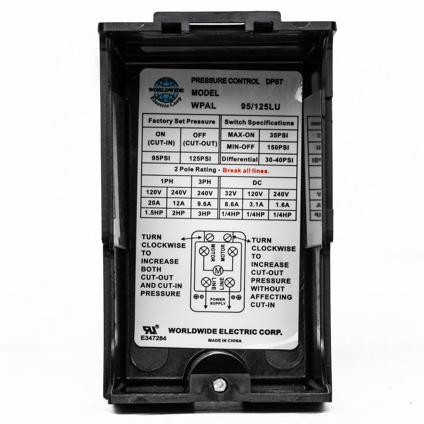 Single Port 95-125 PSI Air Compressor Pressure Switch Control 1/4" NPT 12 Amp