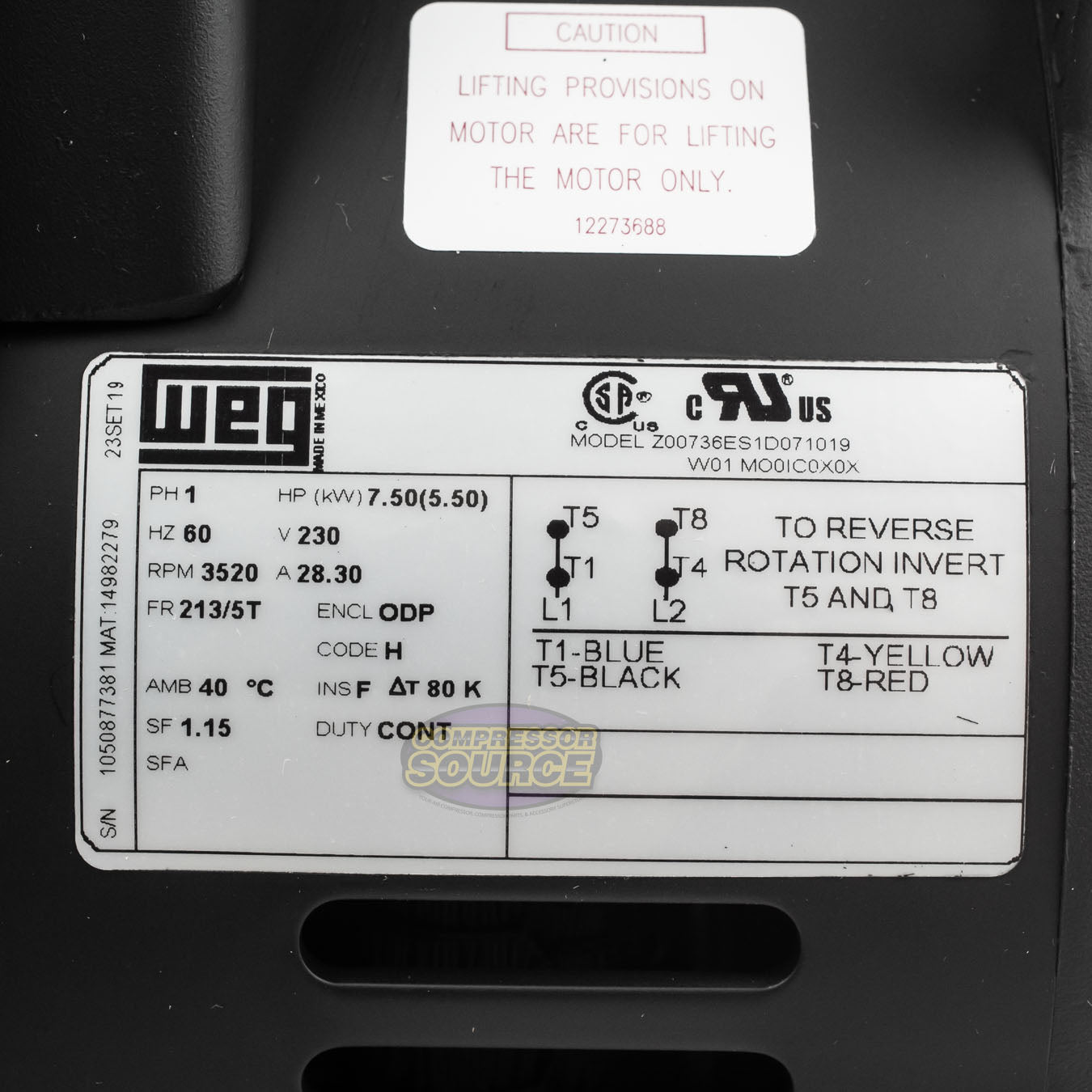 7.5 HP 1 Phase Electric Motor 3520 RPM 213/5T Frame 230V ODP WEG Replaces Baldor L1509T