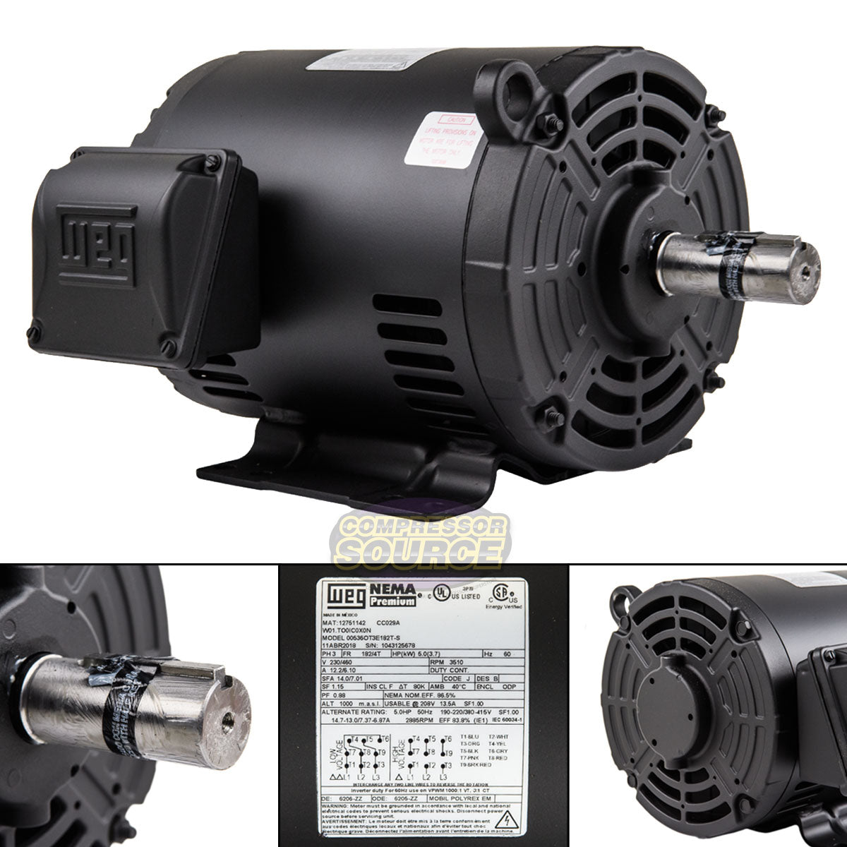 5 HP 3 Phase Air Compressor Duty Electric Motor 182/4T Frame 3510 RPM 3Ph WEG