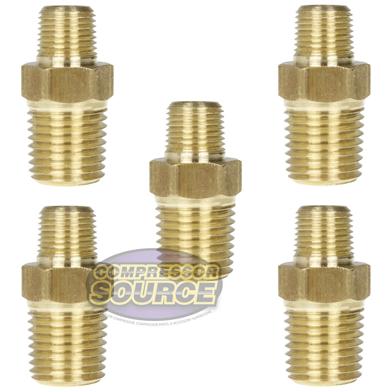 5 Pack 1/4" x 1/8" Male NPTF Pipe Reducing Hex Nipple Solid Brass Pipe Fitting