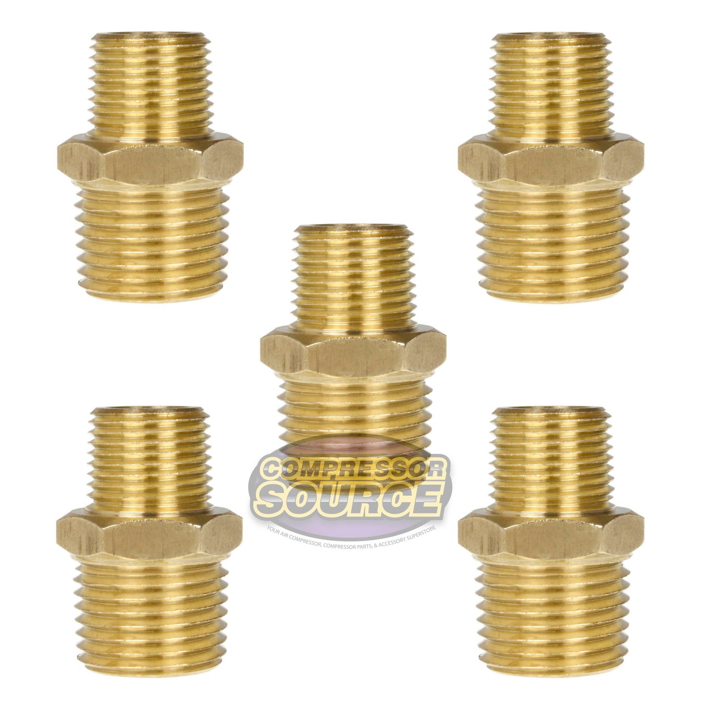 5 Pack 1/2" x 3/8" Male NPTF Pipe Reducing Hex Nipple Solid Brass Pipe Fitting