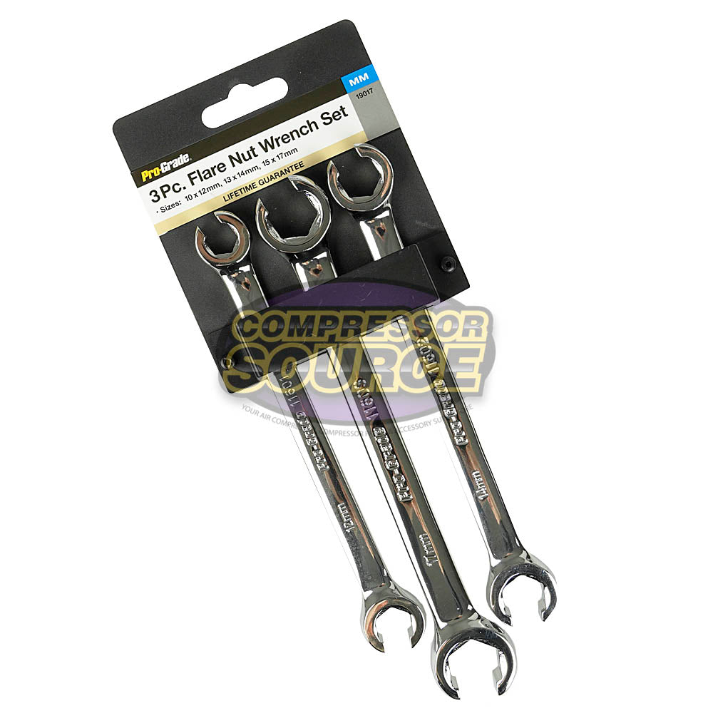 3 Pc Flare Nut Wrench Set Metric Brake Line 10mm - 17mm Auto Tools Flat Panel 19017
