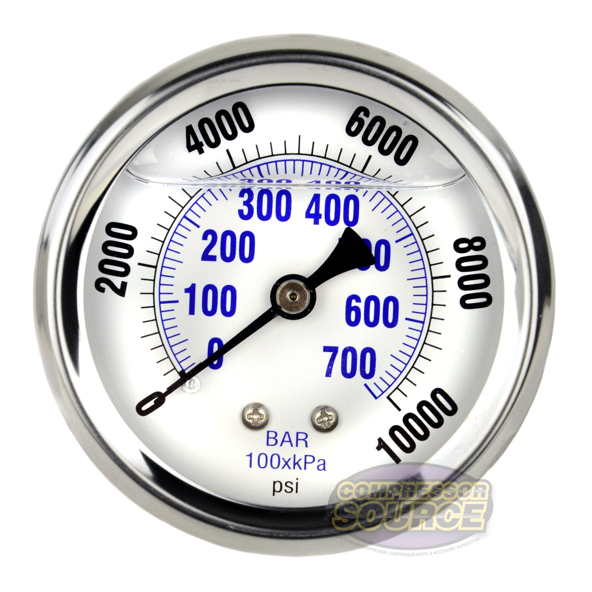 Liquid Filled 0-10,000 PSI Center Back Mount Air Pressure Gauge With 2.5" Face
