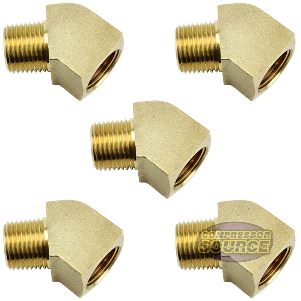 5-Pack Brass 45 Degree Elbow Fittings – 1/4" NPT Pipe Thread, USA Made, For Air & Water Lines