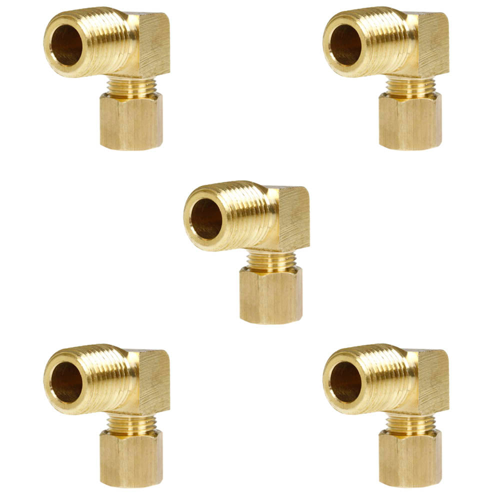 1/4" x 1/8" Tube OD x Male NPTF 90 Degree Barstock Elbow Brass Fitting 5-Pack