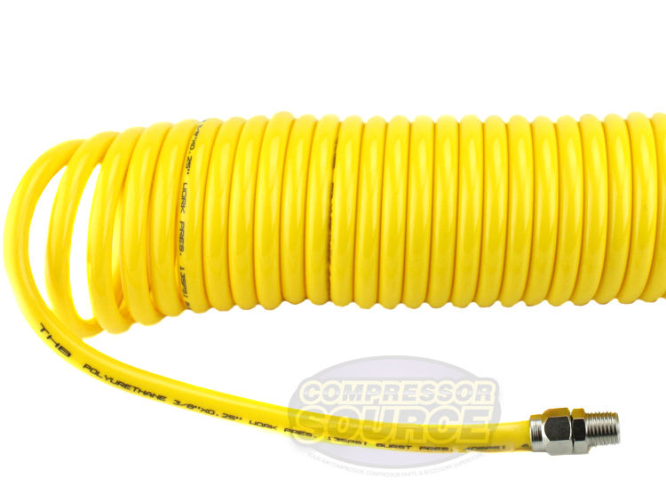 Premium 1/4" x 15' Air Compressor Coil Hose Polyurethane Coiled With Swivel End Yellow