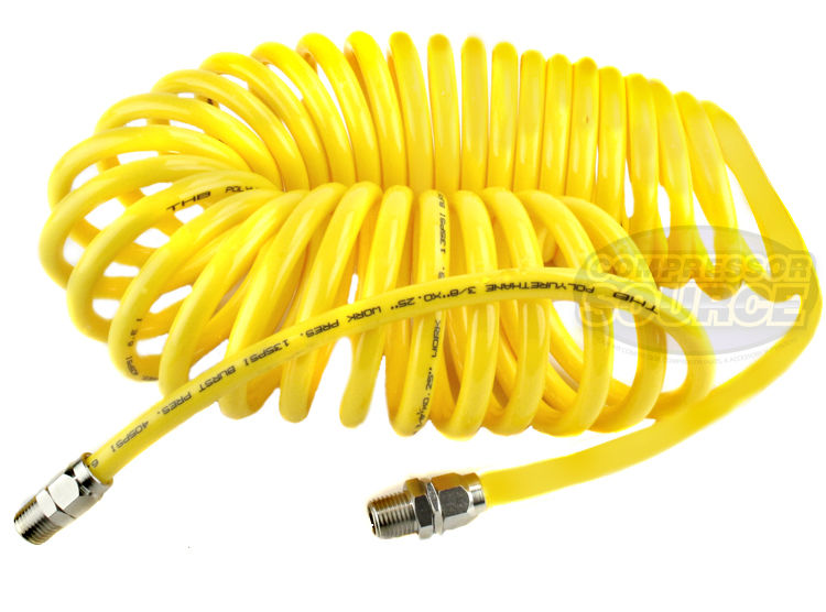Premium 1/4" x 50' Air Compressor Coil Hose Coiled Polyurethane With Swivel End Yellow