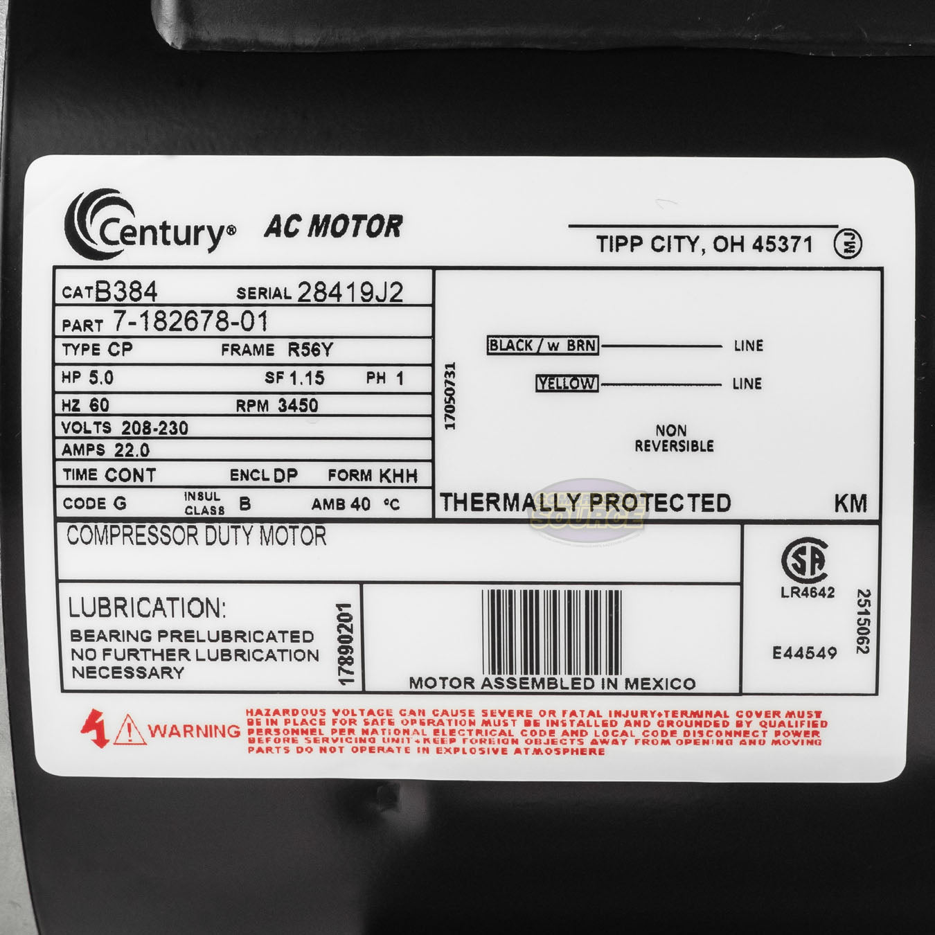 Century 5 HP 3450 RPM Air Compressor Electric Motor 60 Hz 208-230 Volts B384 56Y