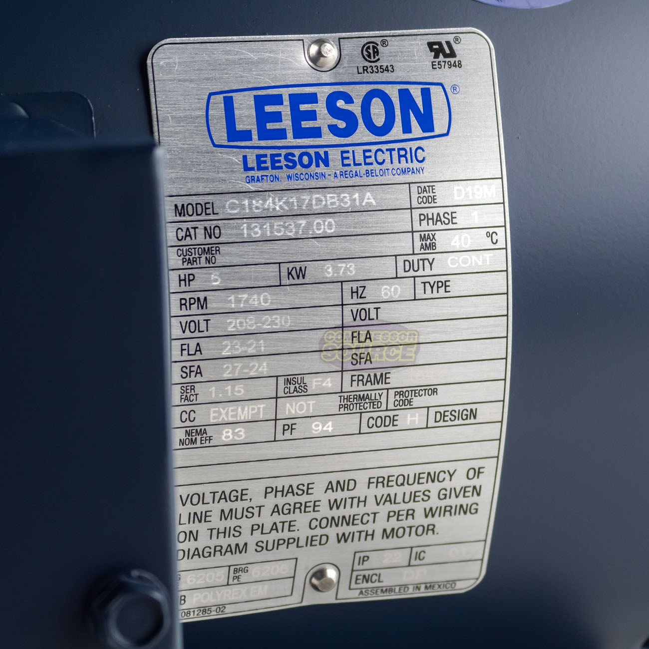 5 HP Single Phase Leeson Electric Compressor Motor 184T Frame C184K17DB31A 230 V