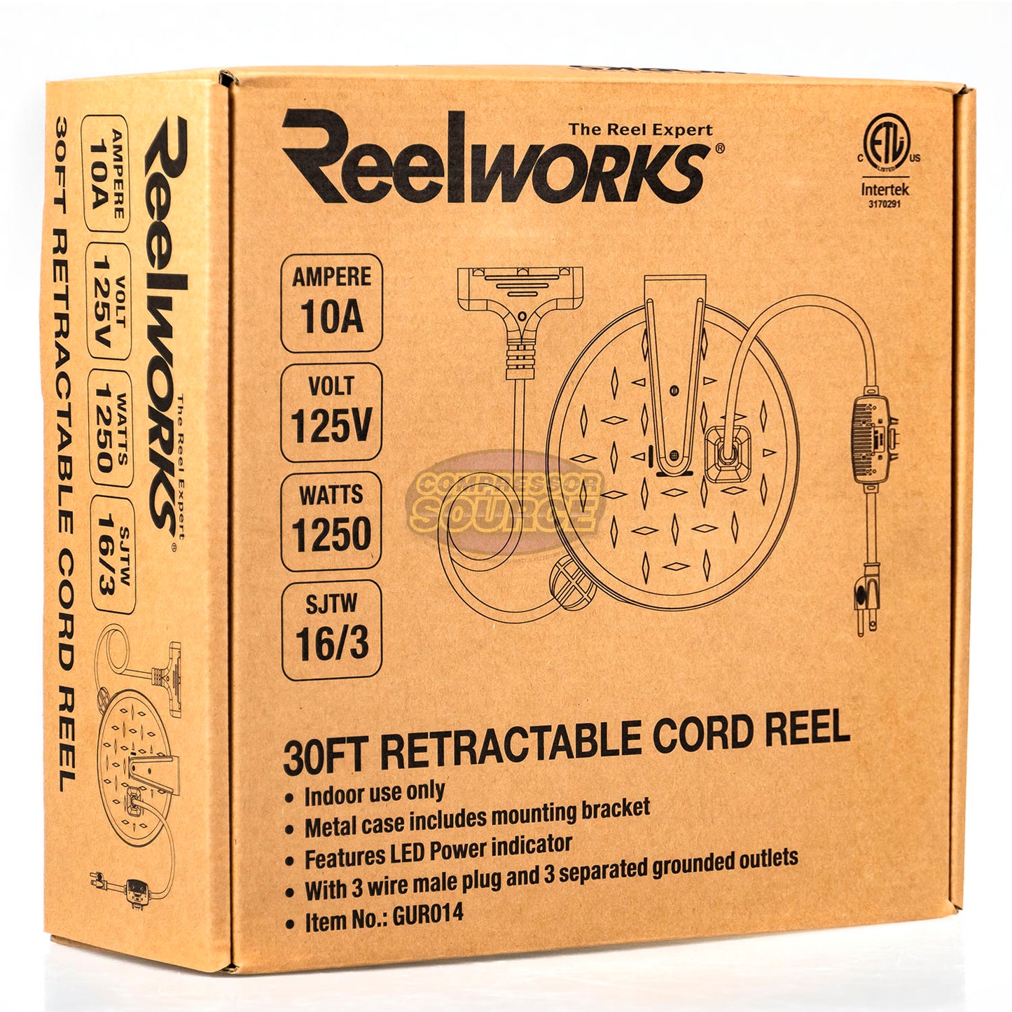 Reelworks 30 Ft Retractable Extension Cord Reel 3 Outlets 16/3 SJTW Cord Metal