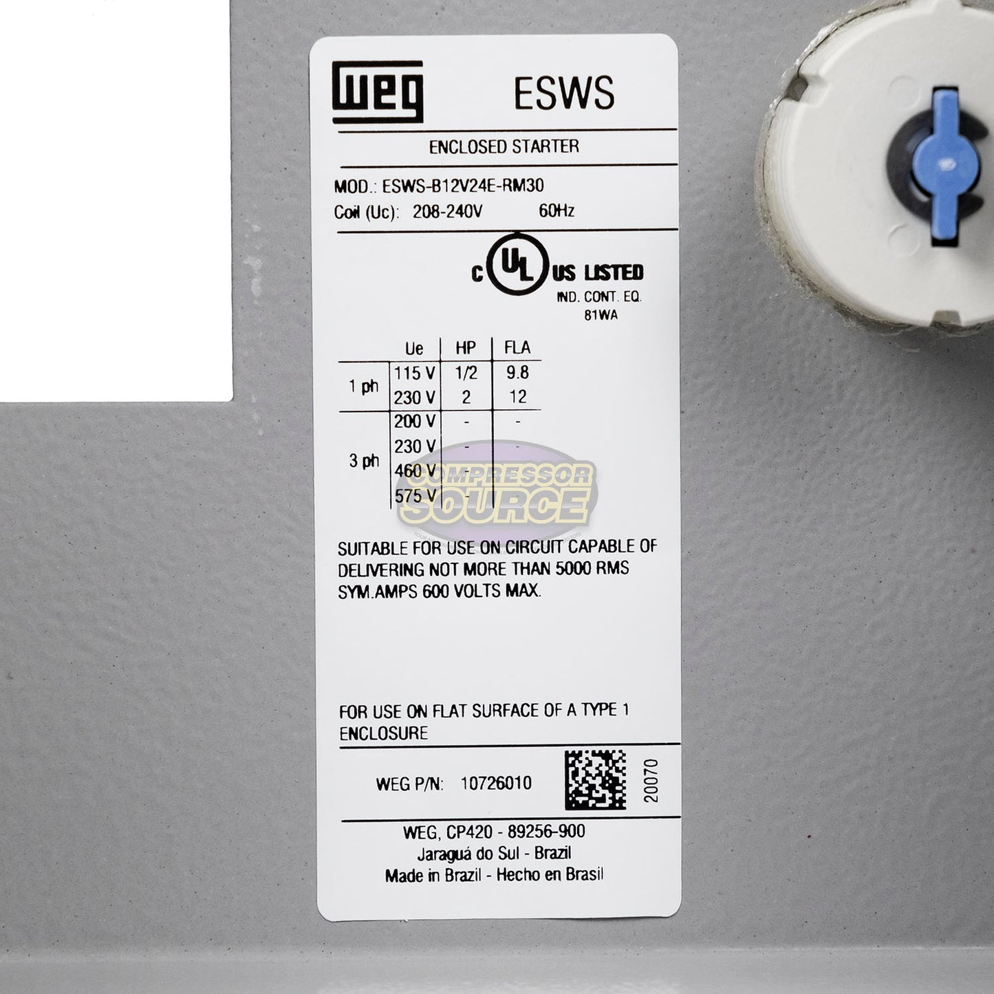 WEG 2 HP Single Phase Magnetic Starter 208-230V 8-12.5 Amps ESWS-B12V24E-RM30