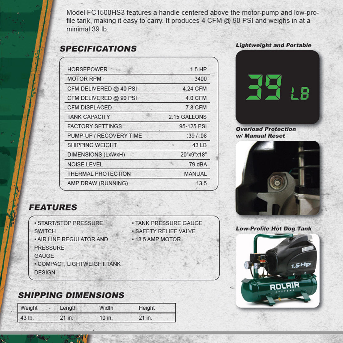 Rolair FC1500HS3 1.5 HP Compressor with Overload Protection and Manual Reset