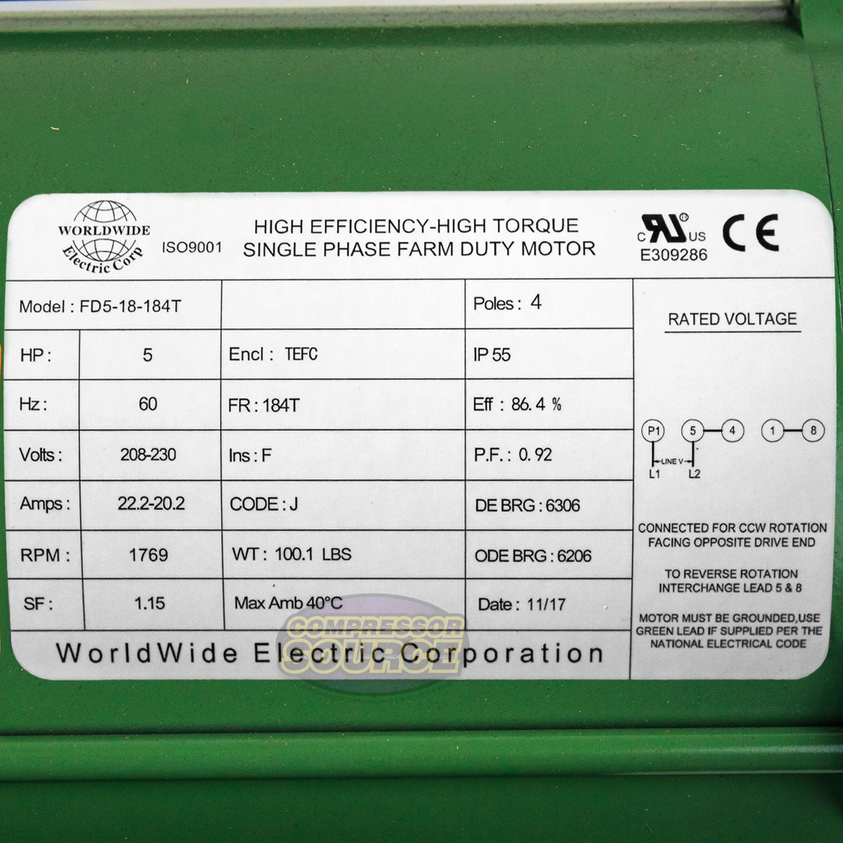 5 HP Farm Duty Single Phase Electric Motor 1800 RPM 184T Frame TEFC 208/230 Volt