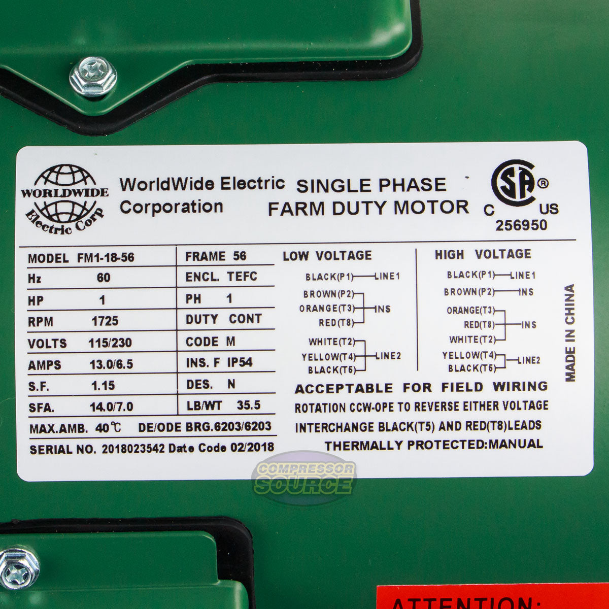1 HP Single Phase Farm Duty Electric Motor 56 Frame 1800 RPM TEFC Enclosure