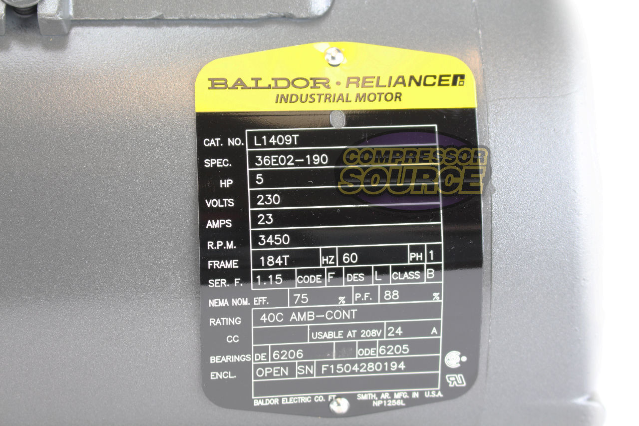 Baldor 5 HP Single Phase Electric Compressor Motor 184T Frame 230V 3450 RPM