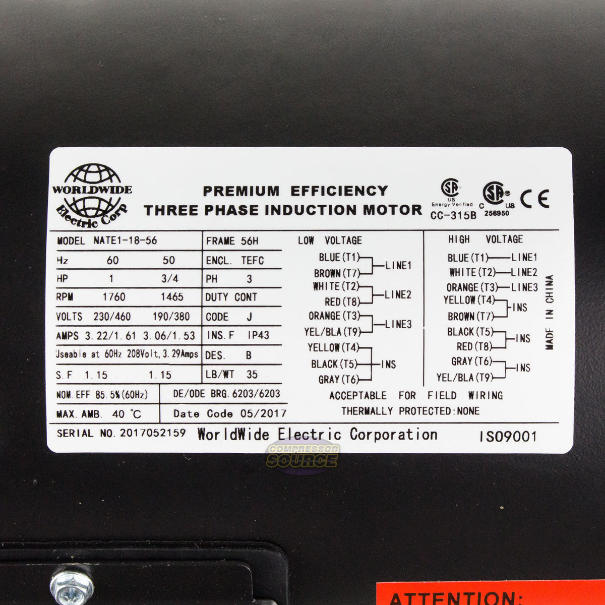 1 HP Electric Motor 3 Phase Premium Efficiency 56H Frame 1800 RPM TEFC 230/460 V