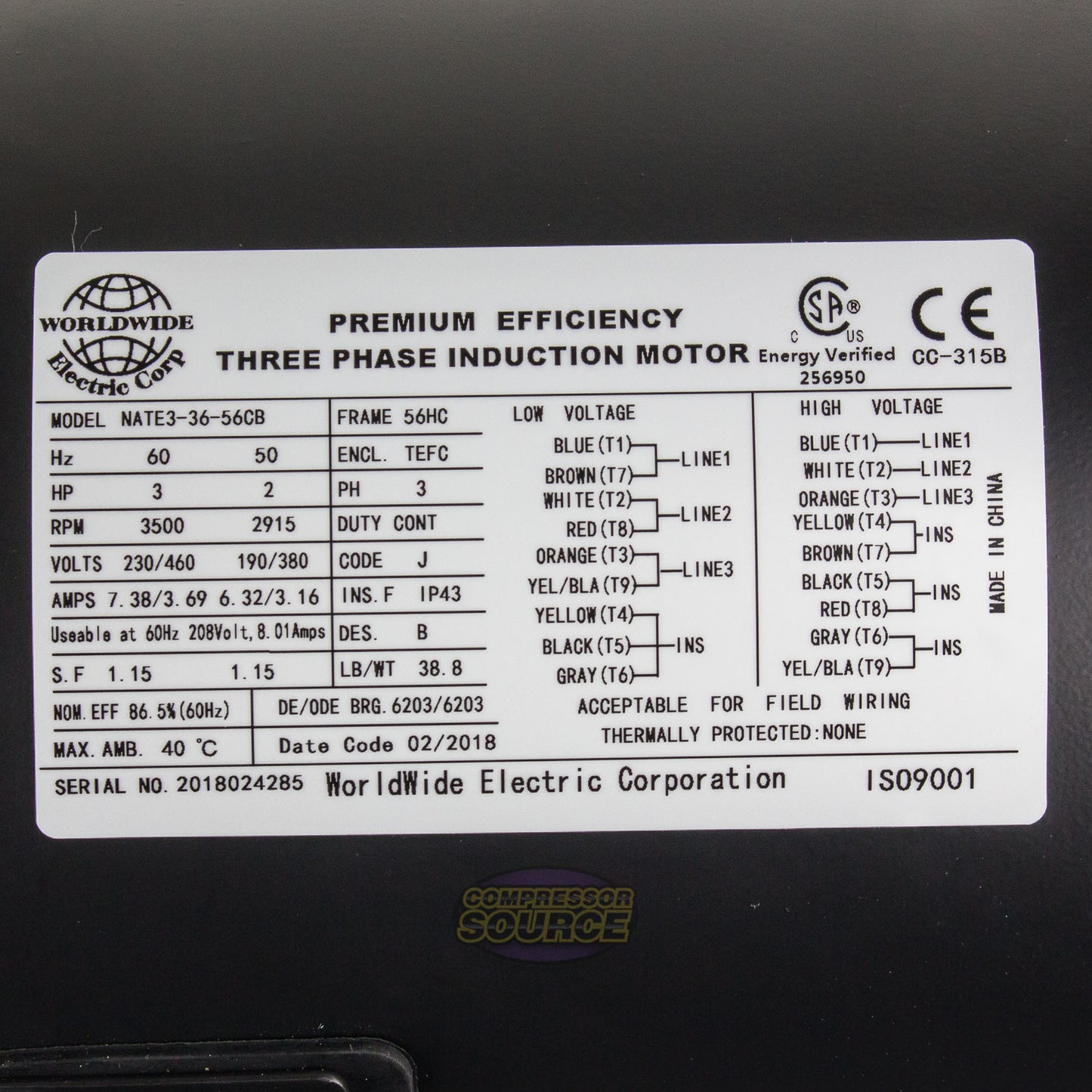 3 HP 3 Phase Electric Motor 3500 RPM 56HC Frame 230/460V TEFC C-Face NATE3-36-56CB