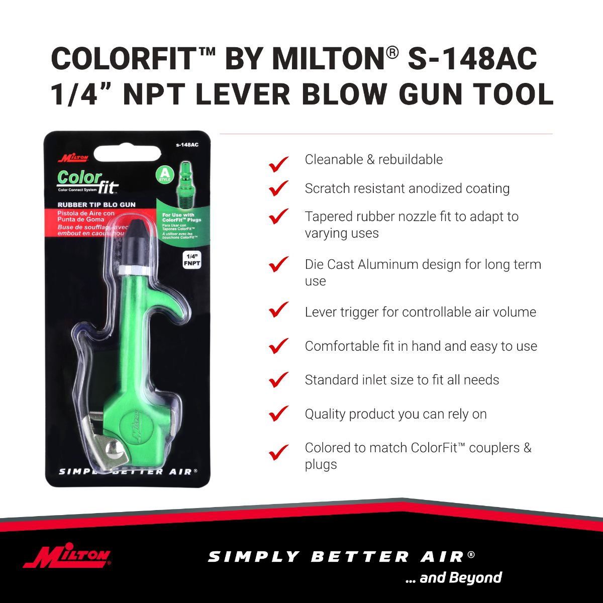 Milton S-148AC Blowgun Lever Hook Style 1/4" NPT A Style Compatible Rubber Tip