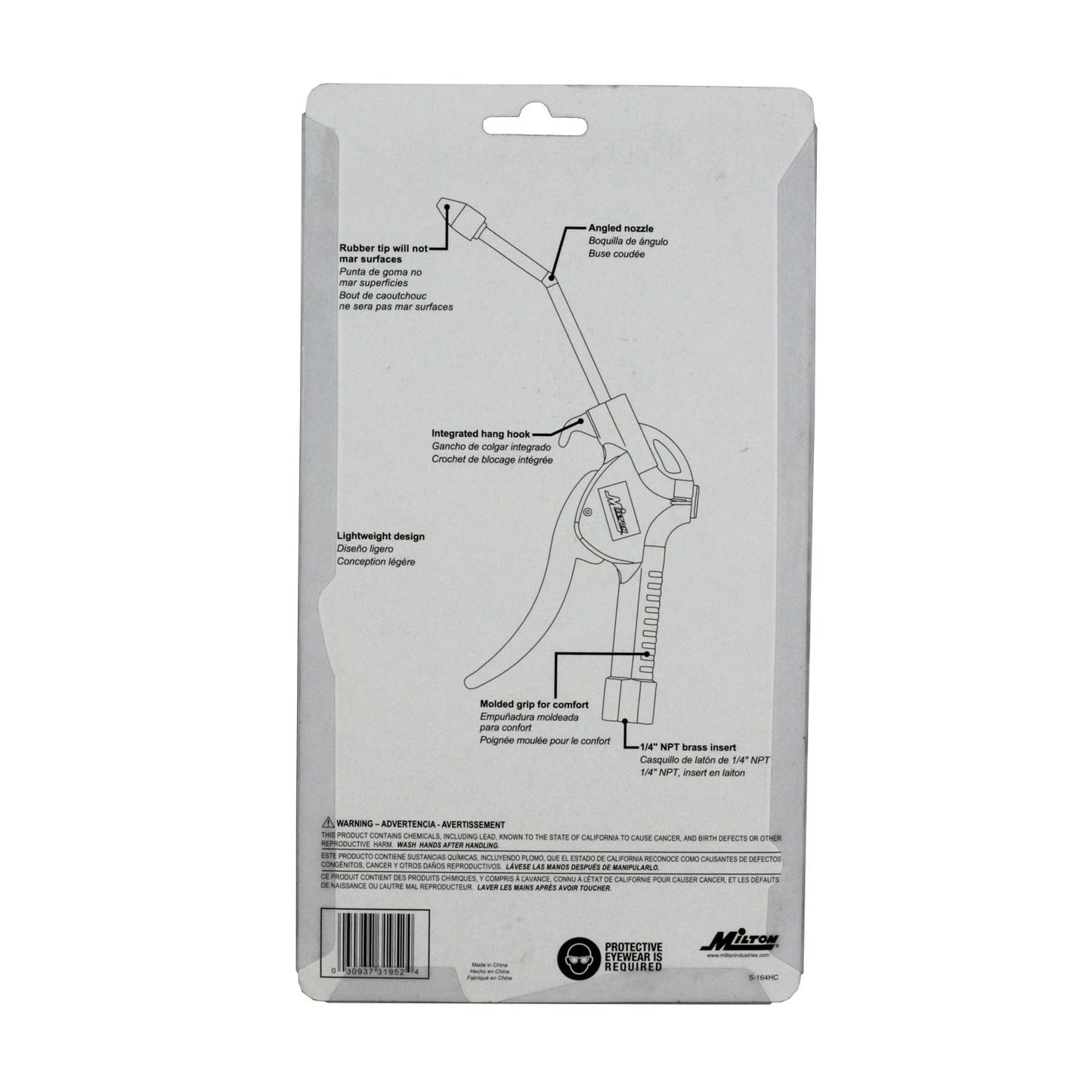 Milton S-164 Pistol Grip Blow Gun 1/4" NPT 90 Max PSI Rubber Tip Angled Nozzle