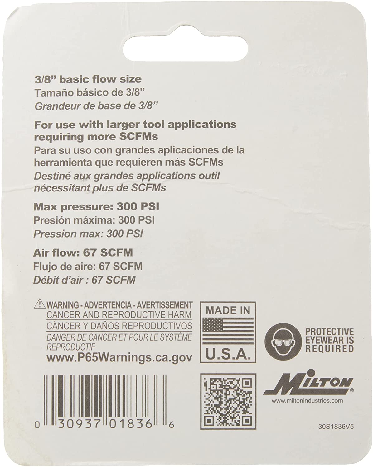 Milton H Style Coupler 3/8" Male NPT Kwick Change Coupler USA Made S-1836