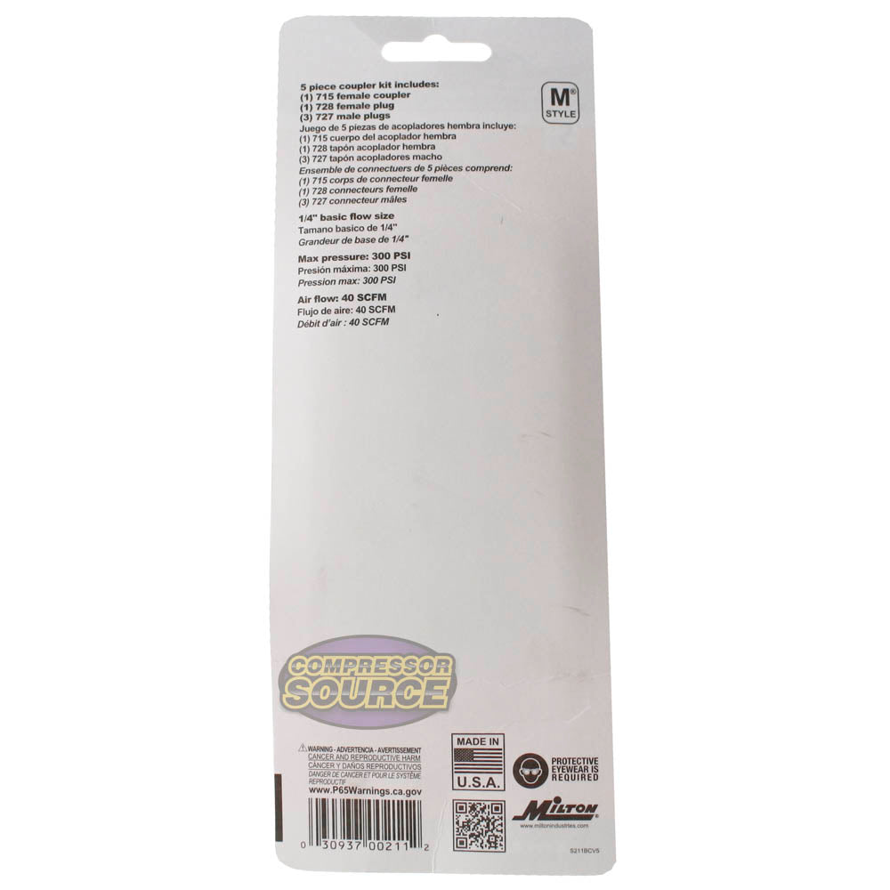 Milton S-211 5 Piece M Style Coupler and Plug Kit 1/4" NPT Made in The U.S.A.