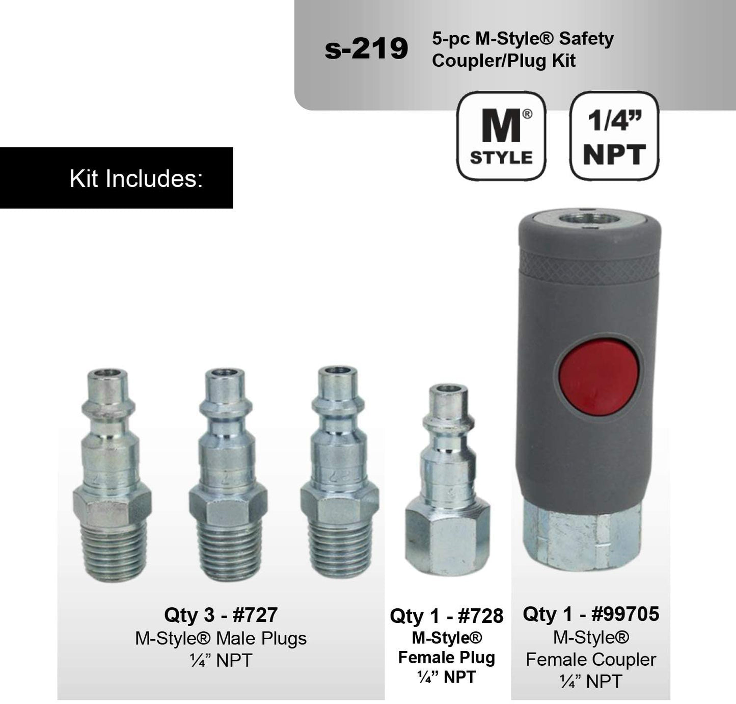 Milton S-219 1/4" M Style Safety Coupler and Plug Kit 5 Pieces Industrial Style