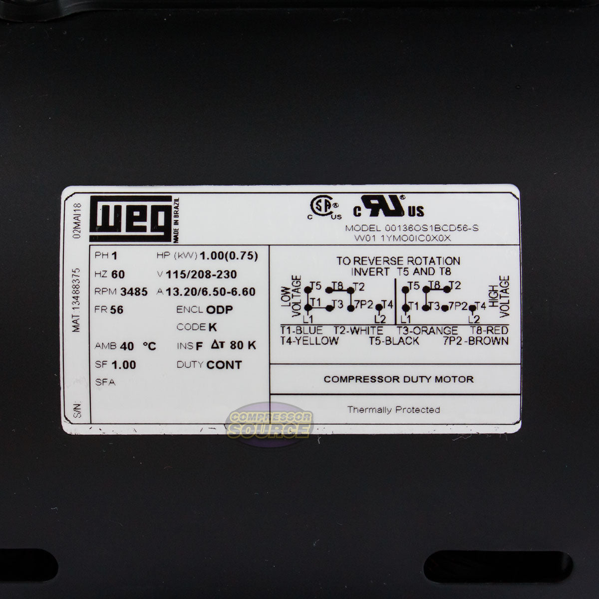 1 HP 1 Phase Motor 3485 RPM 56 Frame ODP WEG | 00136OS1BCD56-S