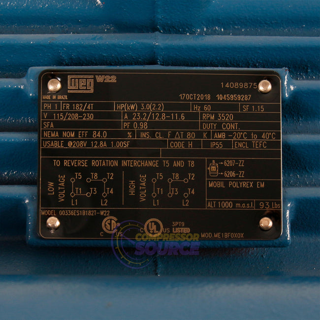 3 HP Single Phase Electric Motor 3420 RPM 182/4T Frame 115/208-230V TEFC WEG