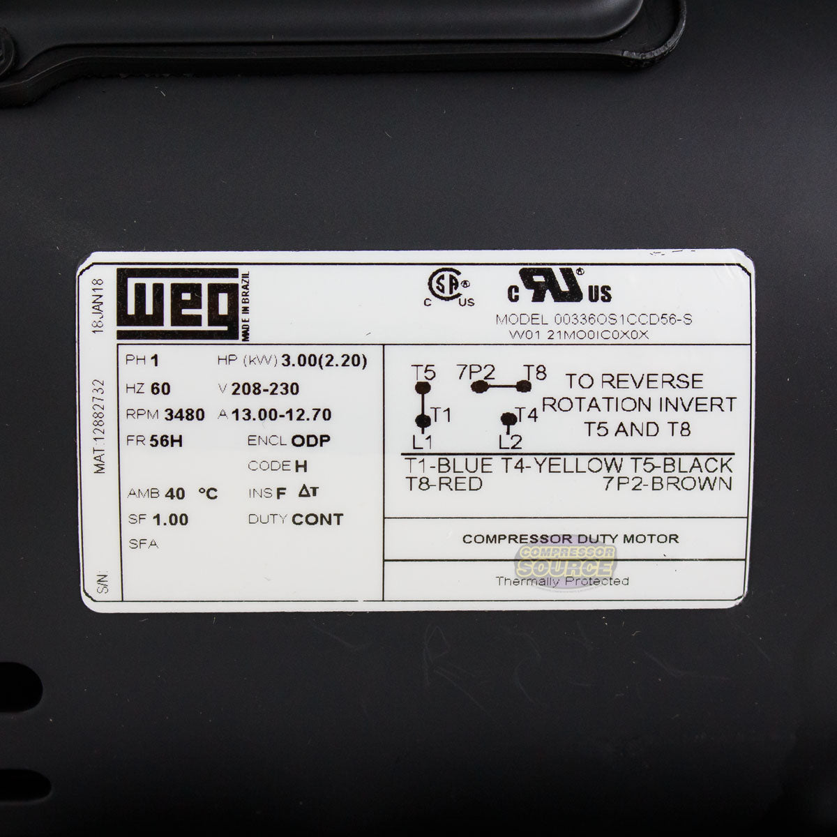 Weg 3 HP Single Phase Electric Heavy Duty Compressor Motor 56 Frame 208-230V 3450 RPM