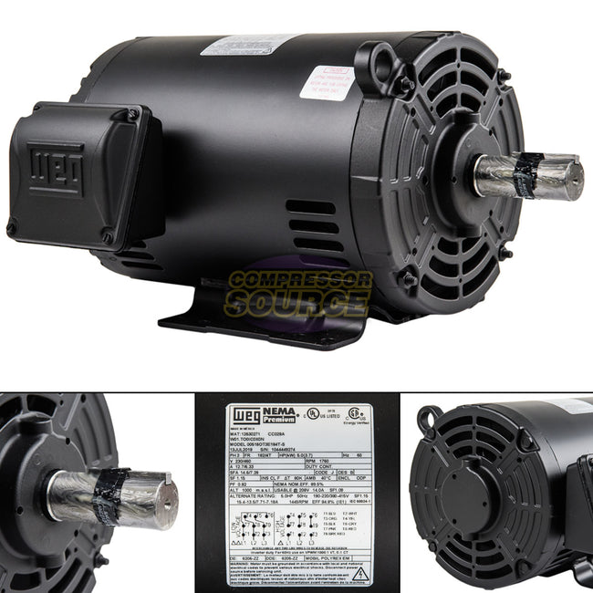 5 HP 3 Phase Electric Motor 1760 RPM 182/4T Frame 230/460V ODP WEG 00518OT3E184T-S