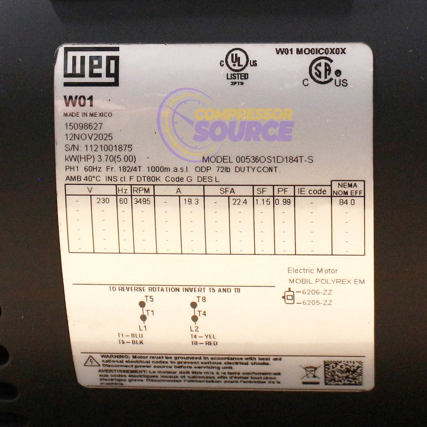 WEG 5 HP 1 Phase Electric Motor 3500 RPM 184T Frame 230V ODP 00536OS1D184T