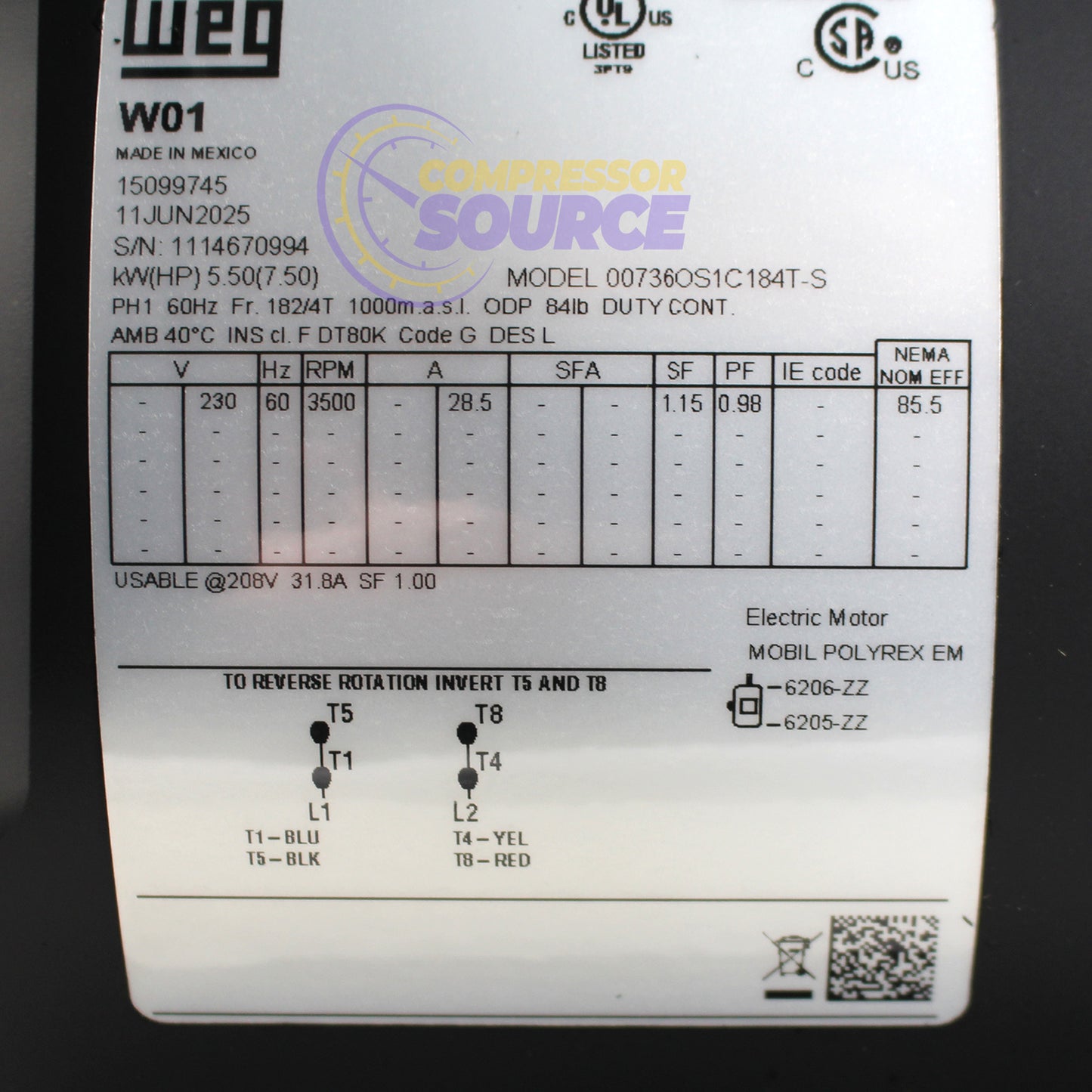 7.5 HP Single Phase Electric Motor 3510 RPM 184T Frame 208-230V ODP WEG 00736OS1C184T