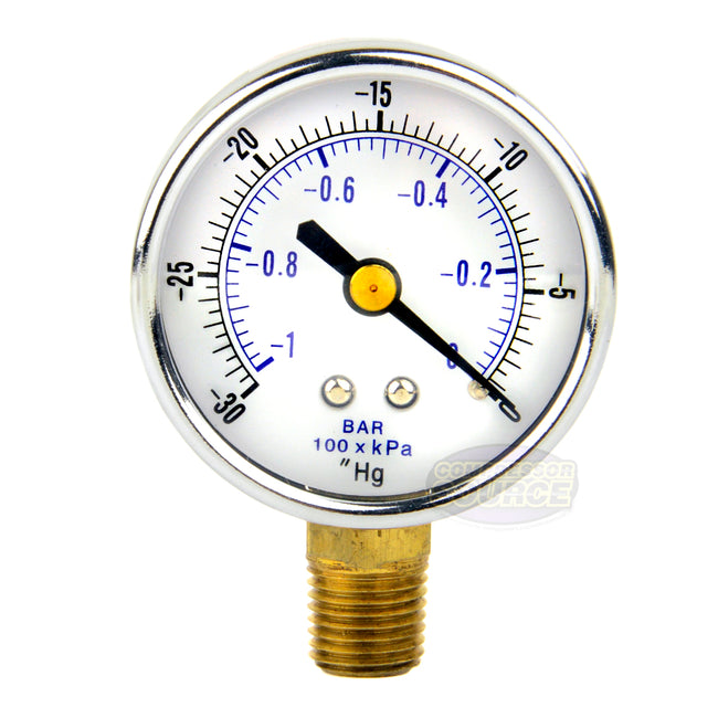 1/4" NPT 0 to -30 PSI Vacuum Air Pressure Gauge Lower Side Mount With 2" Face 101D-204A
