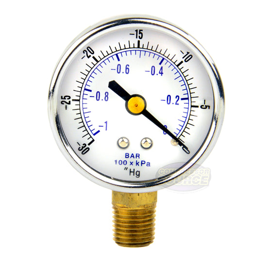 1/4" NPT 0 to -30 PSI Vacuum Air Pressure Gauge Lower Side Mount With 2" Face 101D-204A